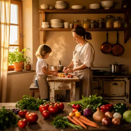 femme apprenant la cuisine traditionnelle française dans une cuisine chaleureuse et lumineuse