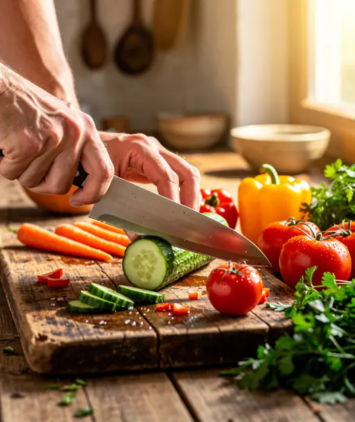 mains préparant des aliments sur un plan de travail en cuisine avec lumière naturelle