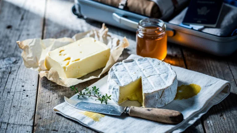 Produits du terroir normand : beurre d’Isigny et camembert Graindorge prêts pour un voyage