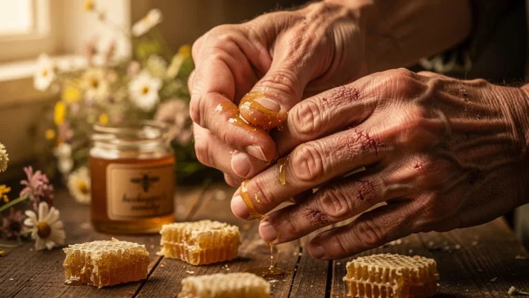 Gros plan réaliste de mains abîmées appliquant un soin Secret d'Apiculteur pour une peau réparée