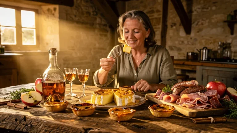 Dégustation authentique des spécialités culinaires du Calvados avec plats traditionnels et Calvados en lumière naturelle