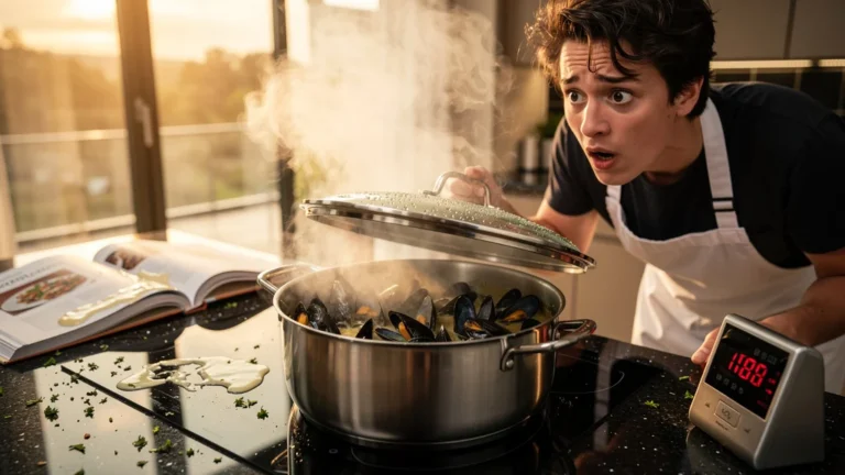Moules à la Normande gâchées après ouverture prématurée du couvercle, scène de stress en cuisine