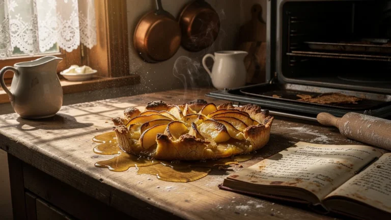 Tarte normande trop cuite, pâte trempée et liquide rendu, scène de cuisine rustique française photoréaliste