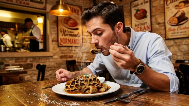 Homme à Caen découvrant un plat traditionnel de tripes, transformation gustative à 30 ans