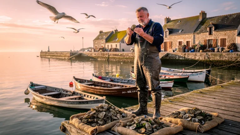 Homme à Saint-Vaast choisissant des huîtres selon leur qualité naturelle, loin du calibre marqué