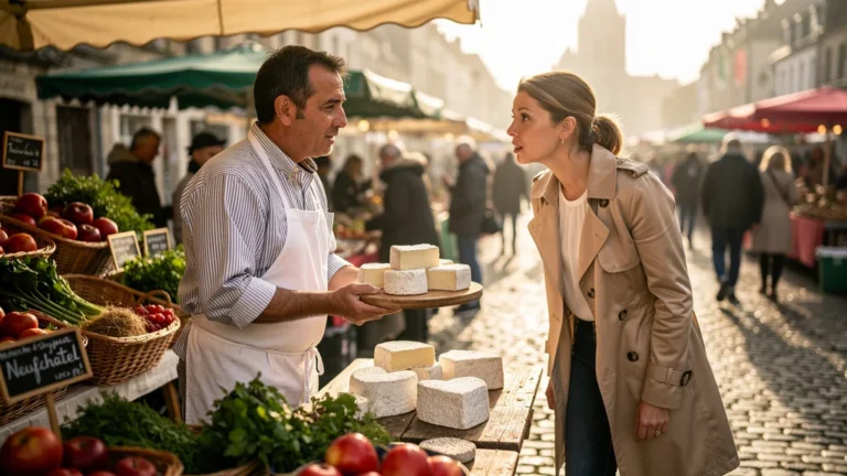 Découverte au marché de Bayeux pourquoi le neufchâtel jeune manque de goût, ambiance authentique et fromages locaux