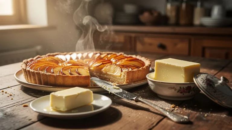 Tarte aux pommes dorée avec beurre demi-sel et beurre doux, ambiance chaleureuse et réaliste en cuisine rustique