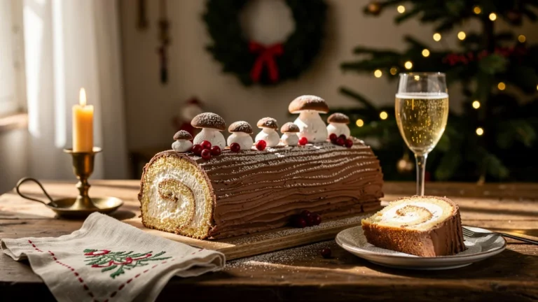 Bûche normande maison sans alcool pour Noël, ambiance familiale chaleureuse et festive