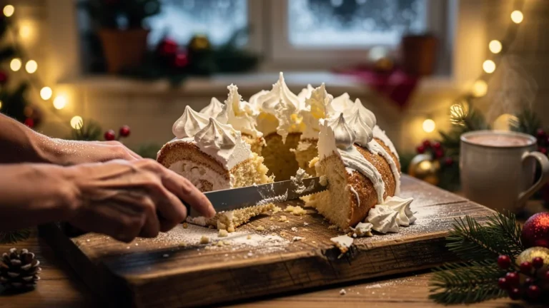 Bûche normande de Noël ratée éclatée à la découpe à cause d’une crème trop ferme fouettée
