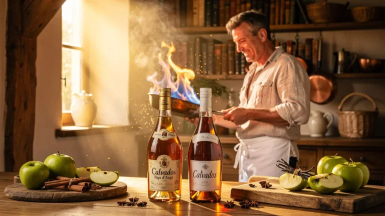 Chef dosant Calvados Pays d'Auge et Calvados générique pour cuisiner enflammé dans une cuisine chaleureuse