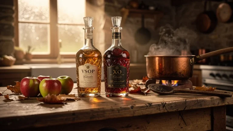 Bouteilles de Calvados VSOP et XO dans cuisine rustique, ambiance chaleureuse hiver, verdict culinaire