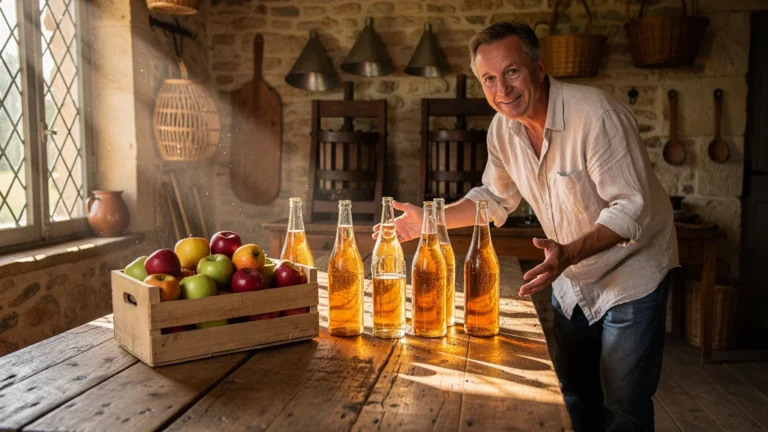 Découverte authentique des cidres de ferme du Pays d'Auge pour débutants dans une cuisine rustique ensoleillée