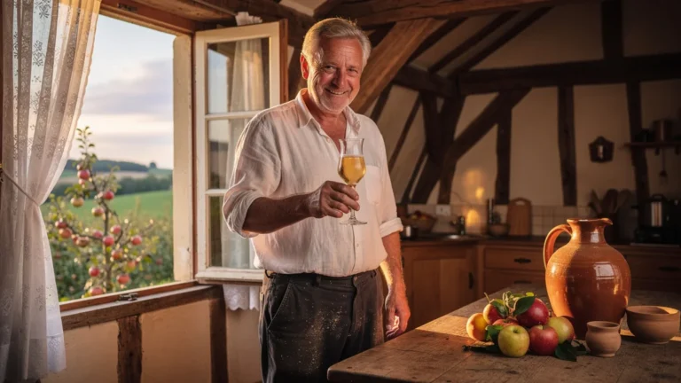 Ferme traditionnelle du Pays d'Auge avec fermier tenant un verre de cidre à température idéale