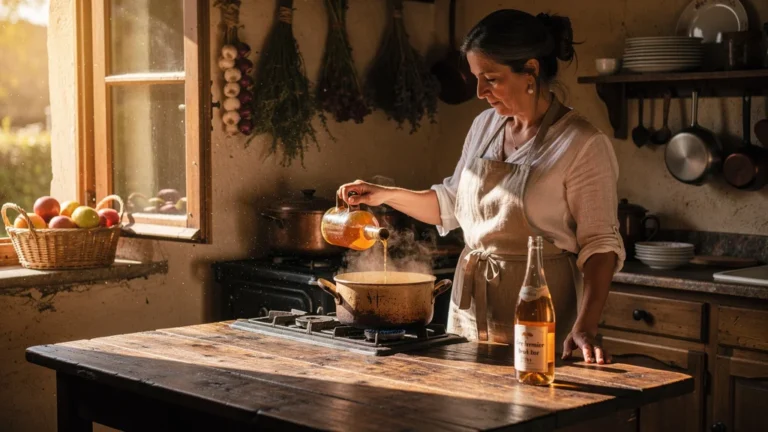 Cuisine rustique avec femme versant du cidre fermier brut pour cuire une rouelle en famille