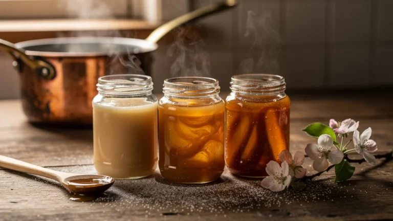 Trois pots de confiture de lait au calva cuits à feu doux avec variations de texture et couleur