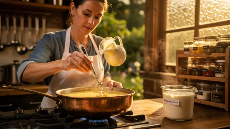 Chef maîtrisant la cuisson d’une sauce à la crème crue pour éviter qu’elle ne caille en cuisine professionnelle