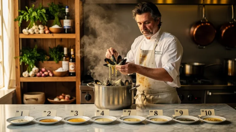 Chef testant le double pochage pour moules à la normande sur dix essais en cuisine professionnelle