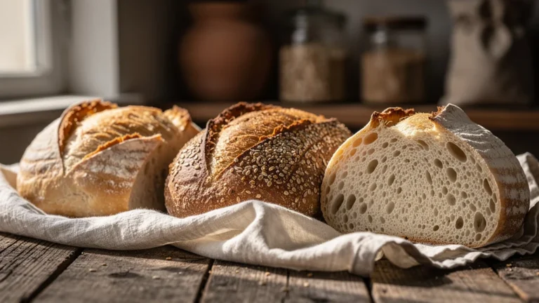 Falue aux trois farines différentes après une levée lente de deux semaines, pain artisanal détaillé