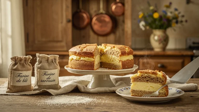 Gâteau normand crème testé avec deux farines locales sur table rustique en lumière naturelle