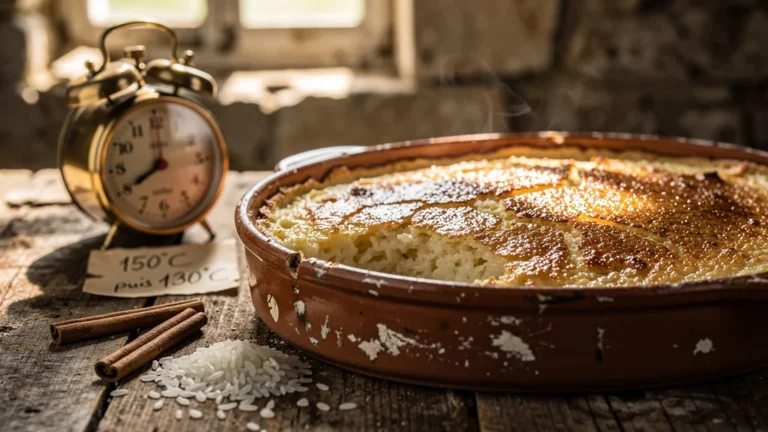 Teurgoule caramélisée dans un plat en terre cuite, cuisson lente à 150°C puis 130°C pendant cinq heures