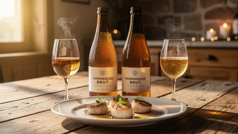 Comparaison de deux cidres bruts de ferme servis à différentes températures avec des coquilles Saint-Jacques