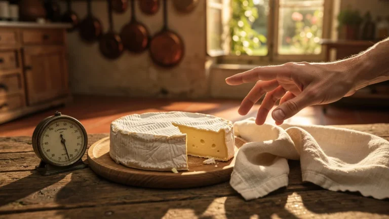 Camembert AOP à température idéale sur table en bois dans une cuisine française traditionnelle éclairée naturellement
