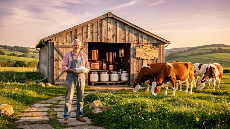 Ferme normande authentique avec agriculteur tenant de la crème d’Isigny fraîche en pleine nature