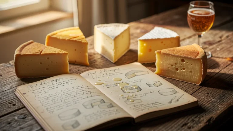 Notes détaillées sur cinq Pont-l'Évêque de fromagers différents posées sur une table rustique