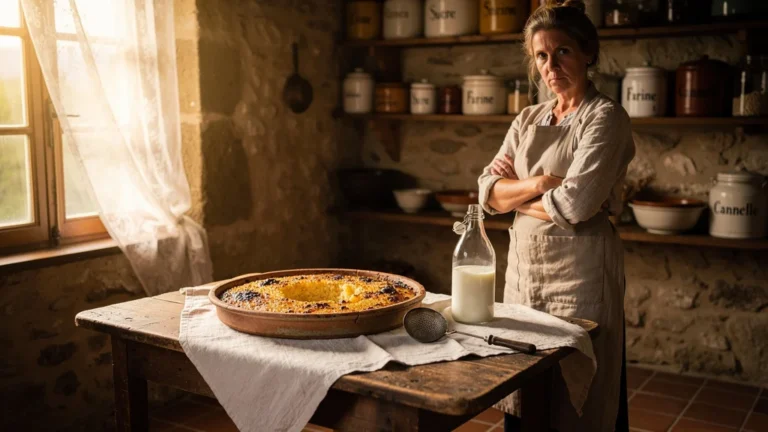 Teurgoule ratée dans une cuisine rustique française, lait non écrémé oublié avant cuisson