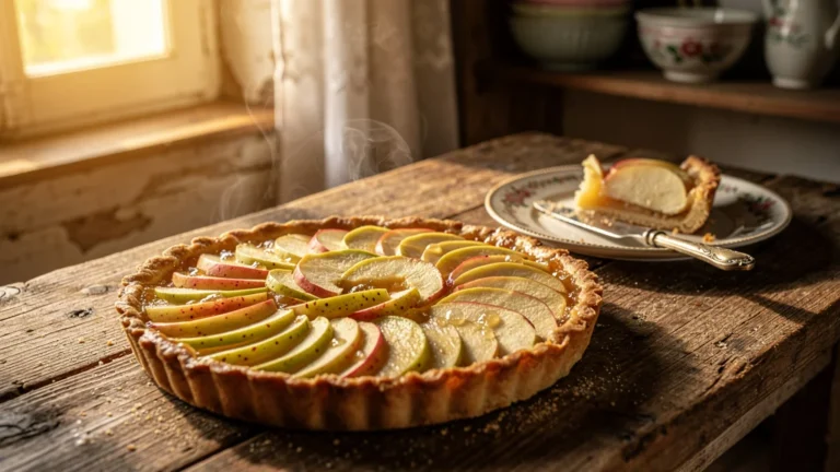 Photo hyper-réaliste d'une tarte normande aux pommes Calville et Reine des Reinettes tranchée