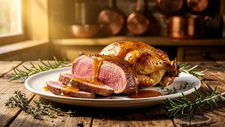 Duo magret et poulet fermier nappés de sauce pommeau, cuisson parfaite et ambiance chaleureuse en cuisine rustique