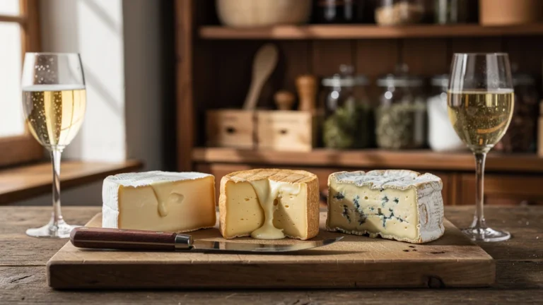 Trois camemberts AOP affinés différemment sur planche de dégustation rustique avec verre de vin et ambiance chaleureuse