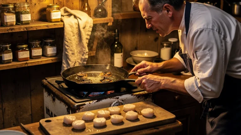 Cuisson ratée de coquilles Saint-Jacques dans un beurre trop chaud, ambiance cuisine rustique réaliste
