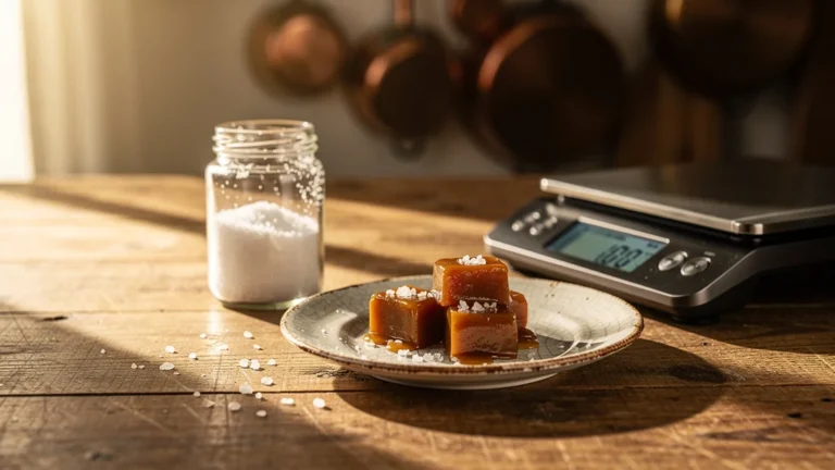 Erreur de salage avec fleur de sel sur caramels au calva, ambiance cuisine rustique en lumière naturelle