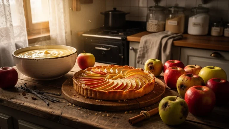 Tarte normande aux pommes choisies avec soin sur un comptoir rustique en lumière naturelle