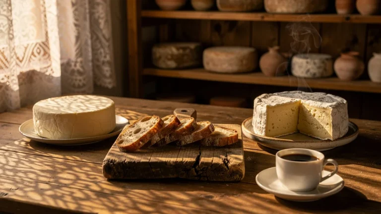Comparaison réaliste entre camemberts industriels et AOP sur table rustique en lumière naturelle