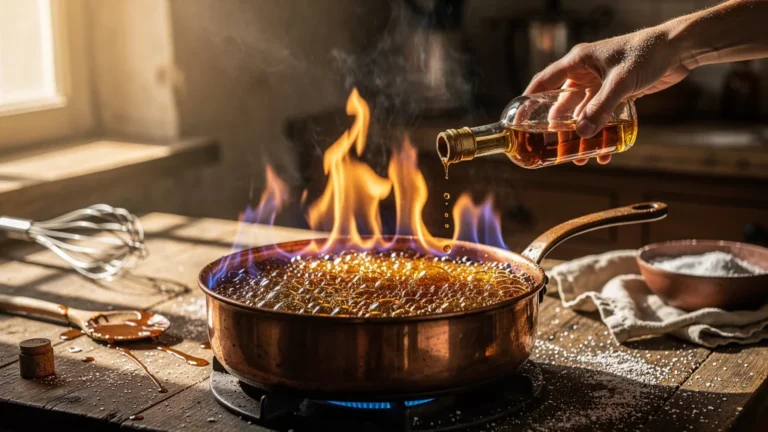 Caramel au calvados brûlé trois fois dans une casserole en cuivre avec flammes vives et textures détaillées