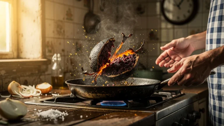 Explosion d’un boudin noir trop chaud dans une poêle, scène de cuisine réaliste et détaillée