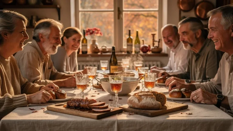 Table élégante de dimanche avec pommeau en apéritif et sauce, repas conviviaux et dégustation raffinée