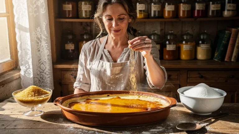 Caramélisation du far normand avec sucre roux et sucre blanc dans une cuisine rustique française