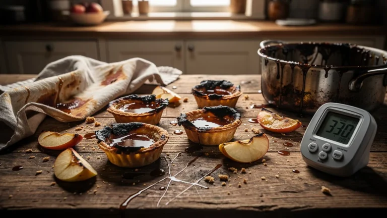 Tartelettes aux pommes ratées avec caramel maison brûlé sur un plan de travail en bois rustique
