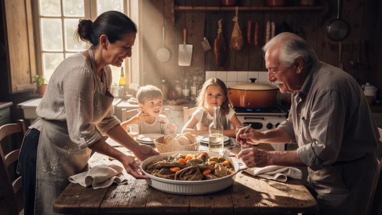 Tripes à la mode de Caen maison servies et dégustées en famille dans une cuisine traditionnelle française