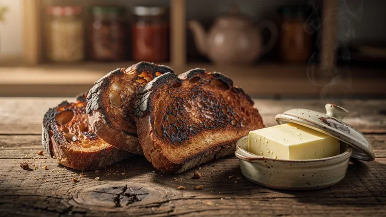 Trois tartines au demi-sel cramées sur une table en bois avec beurre demi-sel à côté, ambiance petit-déjeuner raté