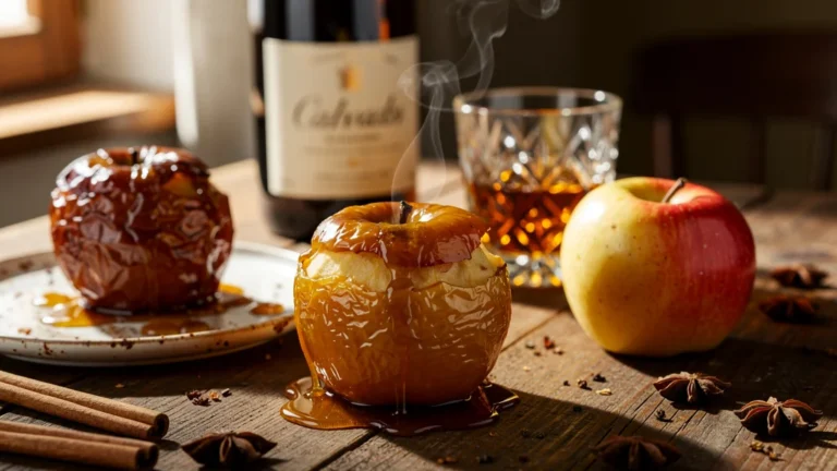 Trois pommes au four macérées au calvados à différents temps, comparaison gourmande et réaliste