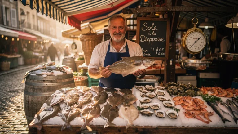 Poissonnier d'Honfleur présentant des soles fraîches pour la cuisson à la dieppoise traditionnelle