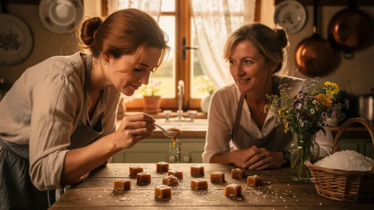 Une amie au Pays d'Auge dose délicatement la fleur de sel sur des caramels artisanaux dans une cuisine rustique