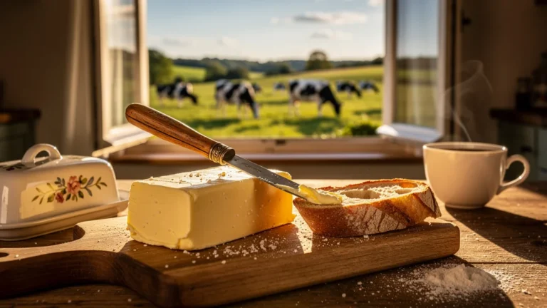 Photo hyperréaliste d’une tartine au beurre demi-sel d’Isigny sur une table rustique en bois
