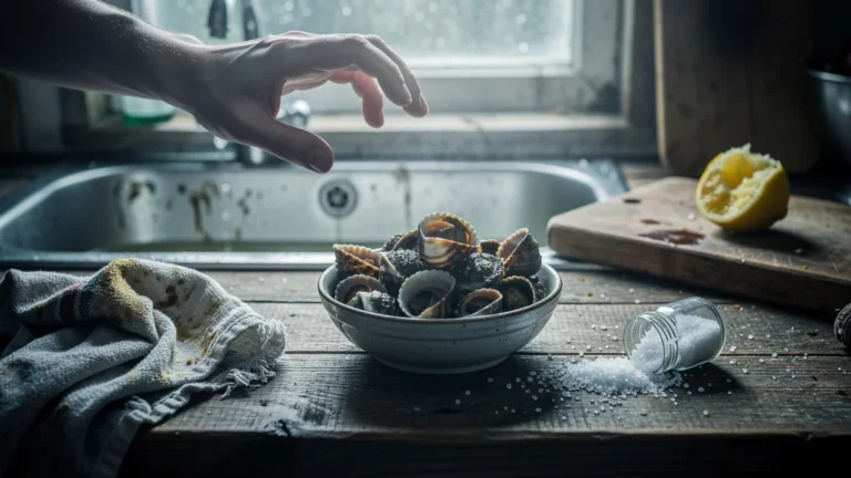 Déchets de bulots de Granville gâchés par oubli du dégorgeage au sel dans une cuisine rustique