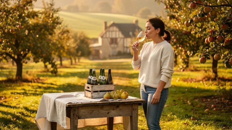Dégustation de poiré à Domfront, moment de découverte à 30 ans dans un verger normand en automne