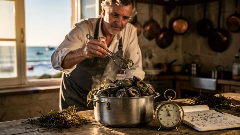 Bulots cuits en court-bouillon sur une table rustique en cuisine côtière avec notes de cuisson manuscrites